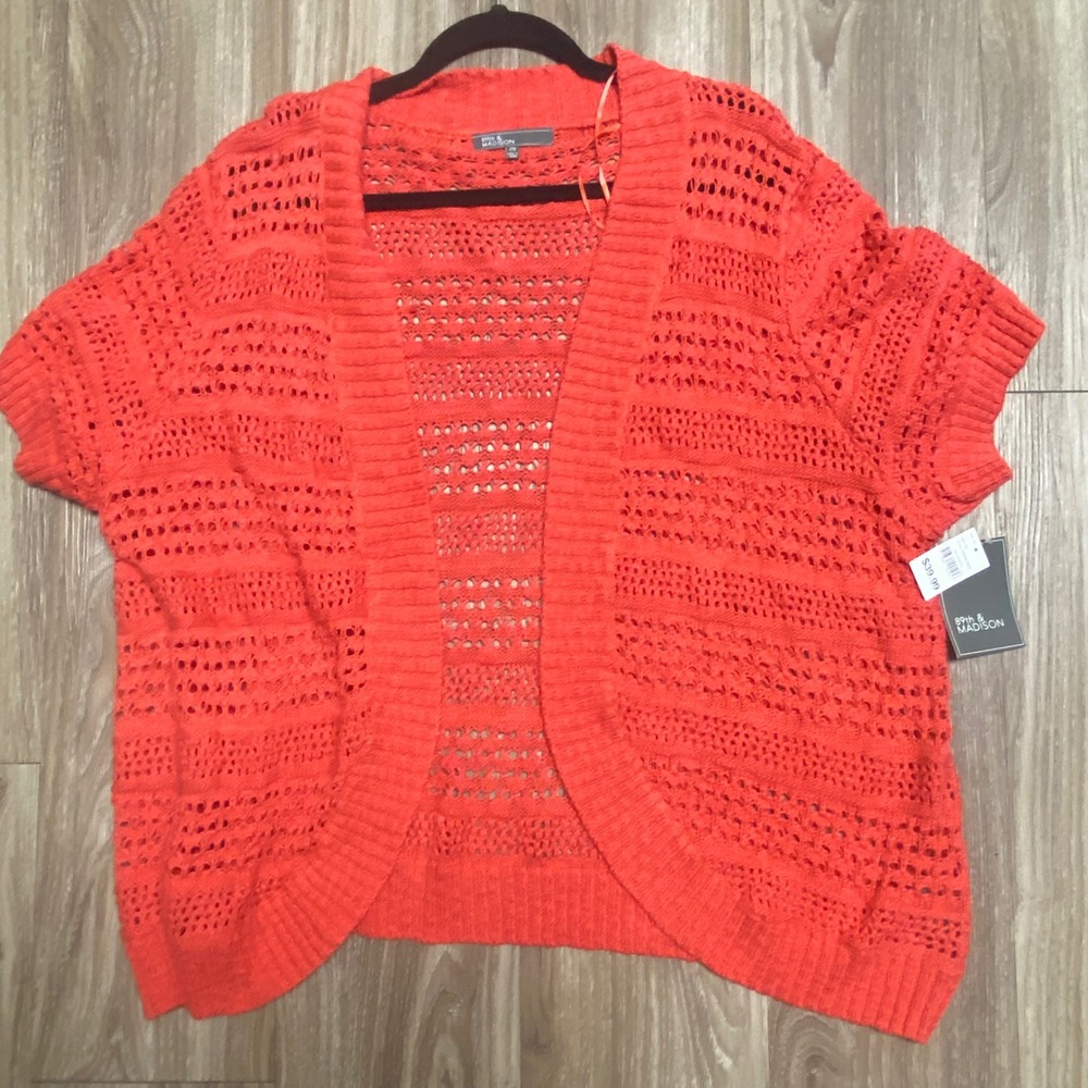 89th & Madison Womens 2X Red Orange Pointelle Crochet Short Sleeve Cardigan NWT